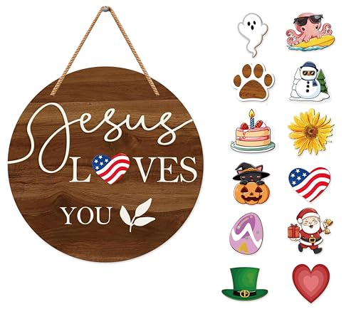 Dibor Interchangeable Seasonal Welcome Sign, Jesus Welcome Sign Front Door Decor, Christian Prayer Wall Hanging for Home Outdoor, Home Porch Decor for Spring Summer Fall Winter Christmas, Prayer Interchangeable Seasonal Decor Door Signs, 11.8x11.8