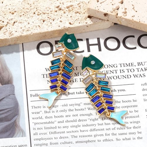 Fish Bone Earrings Drip Oil Animal Earrings Colorful Crystal Sparkly Enamel Earrings Creative Long Fishbone Earstud Dangle Fish Drop Earrings Jewelry for Women - color: Blue