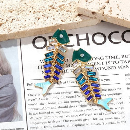 Fish Bone Earrings Drip Oil Animal Earrings Colorful Crystal Sparkly Enamel Earrings Creative Long Fishbone Earstud Dangle Fish Drop Earrings Jewelry for Women - color: Blue