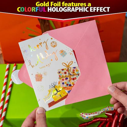 Solpla 24 Pack Assorted Birthday Cards with Gold Foil, Messages, Envelopes, and Stickers | 4x6 Inch Happy Birthday Cards Bulk for Family, Kids, Friends, Work, and Office Celebrations.