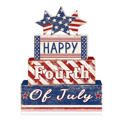 Britimes Tiered Tray Decor Set, 4 Pack, Wooden, Patriotic Independence - style: Happy 4th of July