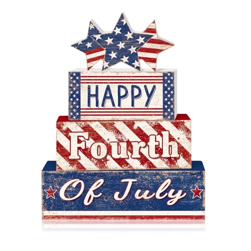 Britimes Tiered Tray Decor Set, 4 Pack, Wooden, Patriotic Independence - style: Happy 4th of July