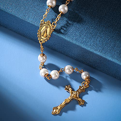 Rnivida Catholic Pearl Beads Rosary Necklace Metal Beaded Miraculous Medal & Cross Rosary for Women - color: Pearl - Gold Tone