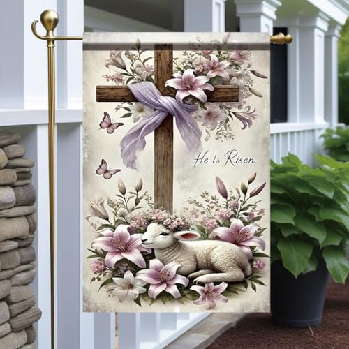 He Is Risen Garden Flag 12x18 Inch Double Sided Outdoor Yard Banner Christian Cross Lily Flowers and Lamb Easter Religious Theme Garden Decoration for Porch Patio Lawn Church Outdoor Decor - color: Easter Lamb Risen #2