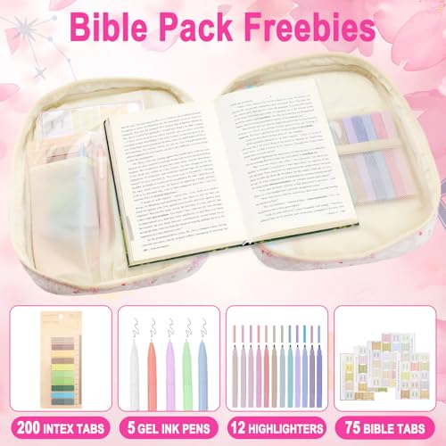Zkptops Bible Cover Case for Women Large Bible Bag Cotton Quilted Bible Carrying Case with Zipper Pocket and Handle Carrying Book Cover for Christian Study Supplies Christian Gift(Bow Flower) - color: Fr Pink Purple Bow Flower