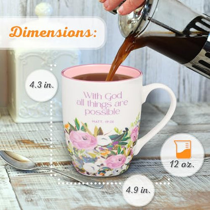Christian Art Gifts Inspirational Ceramic Coffee & Tea Scripture Mug for Women: All Things are Possible Encouraging Bible Verse, Cute Microwave & Dishwasher Safe Drinkware, White & Pink Floral, 12 oz. - color: White & Pink Floral/All Things are Possible,