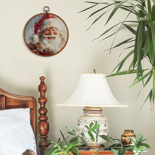 BCUANGD Santa Claus Round Wall Art Decor - Vintage Winter Christmas Wall Art Canvas Frame Artwork Prints, Rustic Holiday Xmas Cottage Round Wall Hanging Decorations for Home Farmhouse, 10"x10" - color: Christmas-11