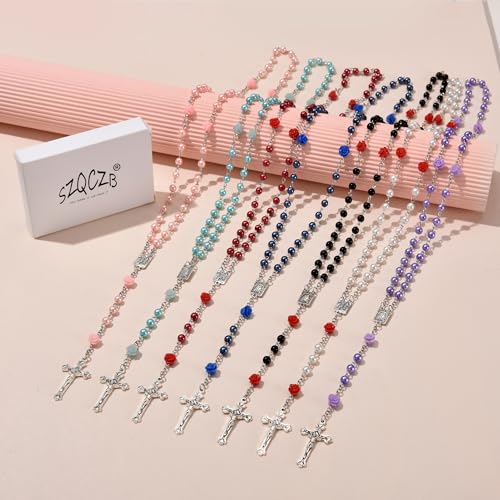 SZQCZB Rosary Beads Catholic Necklace Holy Soil Medal Cross Crucifix with Metal Box and 18pcs Prayer Cards - color: Sky Blue