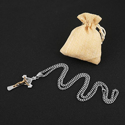 HZMAN Stainless Steel St. Benedict Crucifix Cross Necklace for Men - color: Standard Gold & Silver