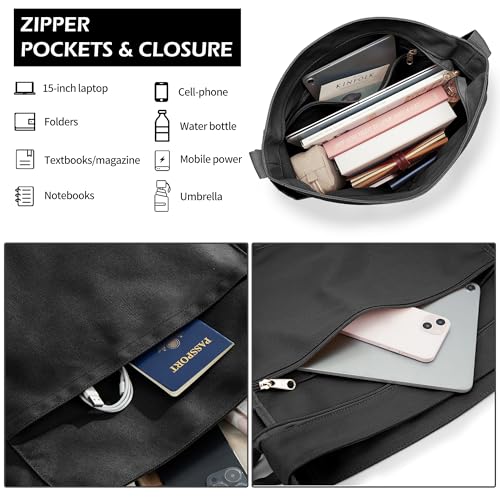 KALIDI Canvas Tote Bag Zipper Large Crossbody Shoulder Bag Messenger Bag - color: Black