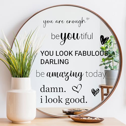 Affirmation Mirror Decals - Set of 6 Black Vinyl Quotes Be Amazing Today | Hello Beautiful | I Look Good | You Look Fabulous Darling Bathroom Mirror Sticker - color: Black Affirmation