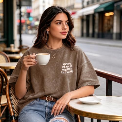 Christian Oversized Shirts for Women God Graphic Tees Shirts Bible Verse Jesus Shirt Religious Acid Wash Tshirts - color: Coffee, size: Small