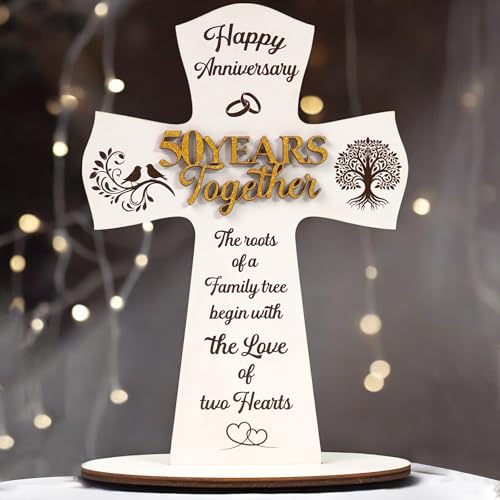 50th Anniversary Wedding Gifts for Couple, Christian Cross Gifts for Wife Husband, Religious Marriage Gift for Her Him, 50 Year Keepsake Plaque for Parents, Friends, Wedding Anniversary Decorations - color: 50th Year Anniversary Plaque