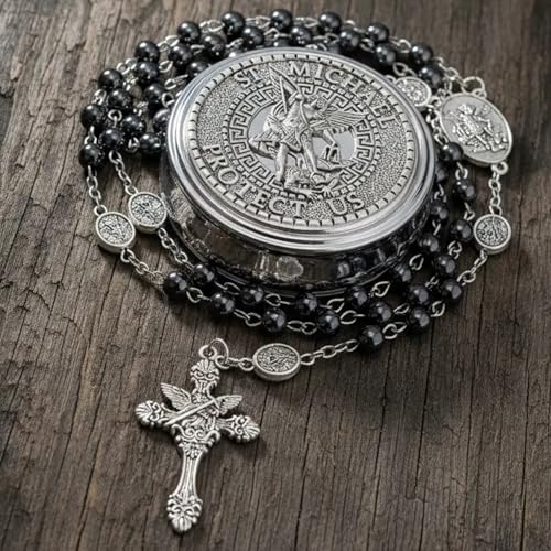 Nazareth Store St Michael Rosary Hematite Stone Beads Necklace Metal Beaded Glory Beads Archangel Medal & Cross with Metal Gift Box - color: Silver | St.Michael Cross