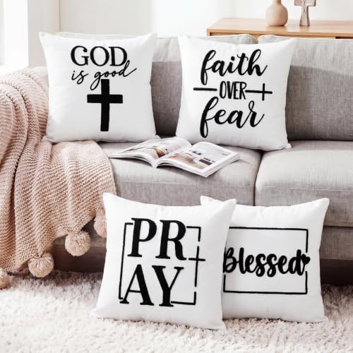 Mixweer 4 Pcs Christian Pillow Covers Set, 18 x 18 Inch Embroidered Bible Verse Pillow Cases, Religious Square Throw Cushion Cover for Couch Sofa Bed Home Christmas Decoration - style: Christmas