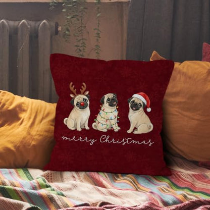 Merry Christmas Pug Dog Throw Pillow Covers 18x18 Home Decor - color: Pug Dog