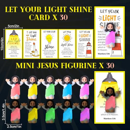 CroBlissful 30 Sets Mini Jesus Figurines Bulk Christian Glow in The Dark with Let Your Light Shine Cards for Christian Sunday School Religious Party Favor Halloween(Raise Your Hands) - style: Raise Your Hands