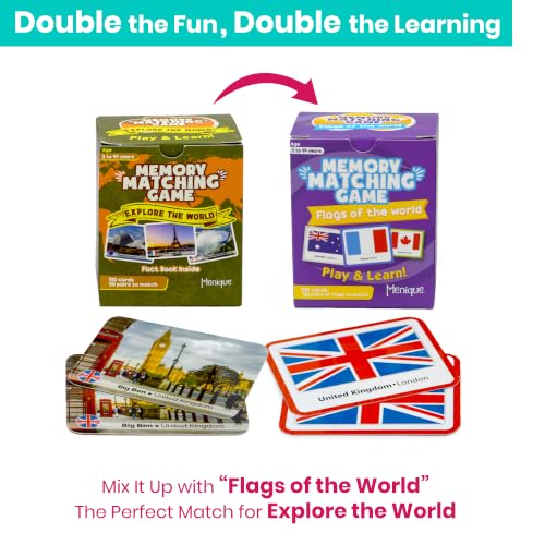 Menique Explore the World Memory Matching Game – Geography Game with 100 Photo Cards, 50 Countries, Flags & Landmarks – Travel Card Game with Educational Booklet, Ages 3+ - style: Explore the World