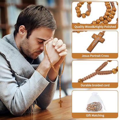 60 Set Wooden Rosary Beads Bulk Wood Catholic Rosaries with Jesus Holy Cross First Communion Wood Carved Rosary with Organza Bags Religious Rosary Catholic Baptism Church Present for Men Women