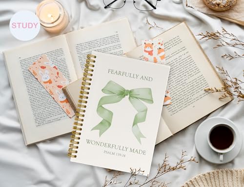 Bible Journal Notebook for Teen Girls,Cute Green Bow Bible Study Notebook Journal for Women,Christian Prayer Journal for Women Kids,Preppy Notebooks School Supplies,5.5x8.3 Inch - color: (Green) Psalm 139:14
