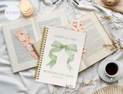 Bible Journal Notebook for Teen Girls,Cute Green Bow Bible Study Notebook Journal for Women,Christian Prayer Journal for Women Kids,Preppy Notebooks School Supplies,5.5x8.3 Inch - color: (Green) Psalm 139:14
