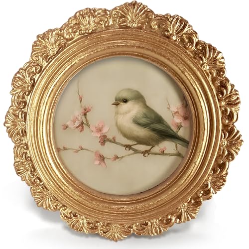 Small Vintage Bird Spring Round Picture Frame Wall Decor, Flower Gold Mini Ornate Photo Frame for TableTop Desk 2.7in Photo, Rustic Farmhouse Framed Artwork for Walls Office Bedroom Shelf - color: bird