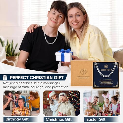 Stainless Steel Cuban Chain Cross Necklace for Mens Curb Link Waterproof - style: Isaiah 41:10