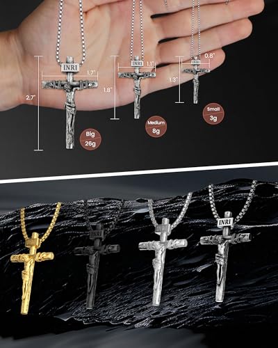 Crucifix Cross Necklace for Men and Women with Exquisite Jesus Pendant and Stainless Steel Chain 16-30 Inch - color: White Gold, size: 22 Inch=56CM(Men's Average Length), style: Medium Pendant-1.8"x1.1"