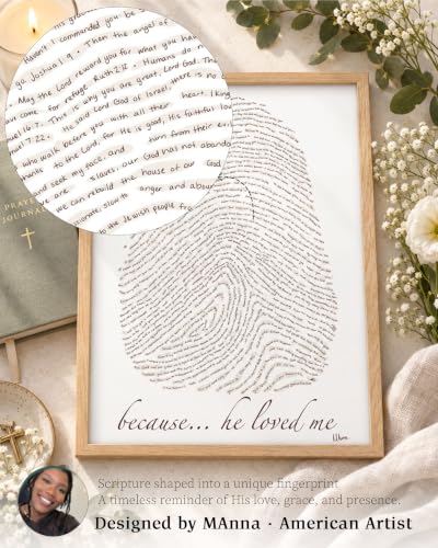 iHery 12x16in Because He Loved Me Fingerprint Bible Verse Framed Wall Art - color: Beige Frame White Art, size: 16"L x 12"W