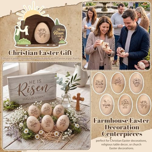 6 Set/24 Pcs Easter Christian Egg Easter Basket Stuffer Wooden Egg Easters Empty Tomb with Prayer Card Religious He is Risen Decoration Table Centerpiece Gift for Church Home Tiered Tray