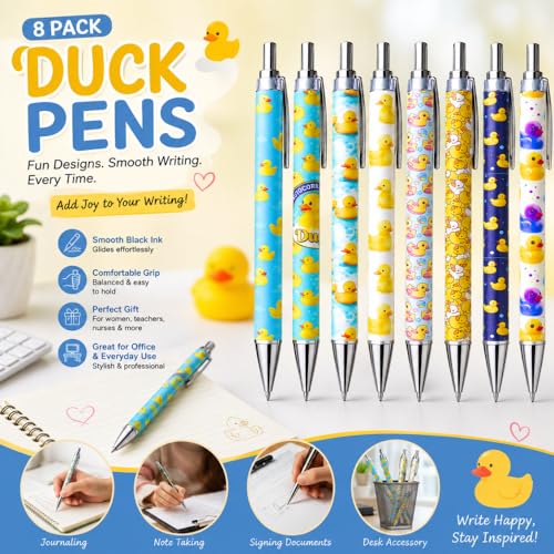 8PC Duck Pens Cute Cool Quirky Yellow Bird Novelty Ballpoint Black Ink Writing Pen Desk Accessories Kawaii Office Journaling Supplies Animal Themed Gifts Party Favors Bulk For Women Teachers Nurses - style: Duck