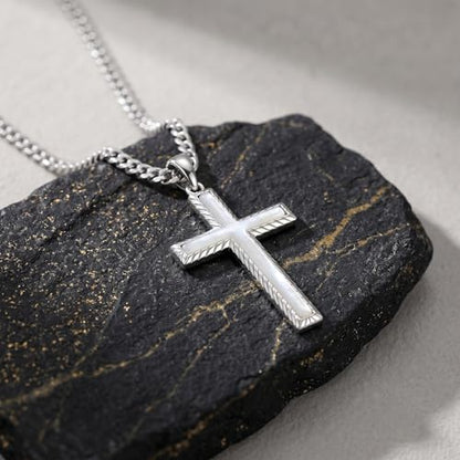 MRENITE Silver Natural Stone Cross Necklace, Classic Latin Cross Pendant Necklace for Unisex Women Man, Vintage Crystal Quartz Cross Necklace with 20+2 Inches Adjustable Cuban Chain - style: Moonstone