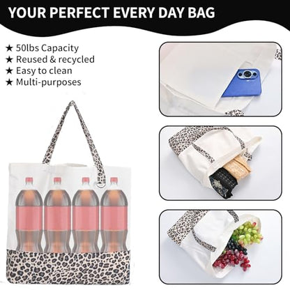 6-Pack Canvas Tote Bags with Zipper, Large Grocery Tote, Leopard Print - color: Leopard Print/White