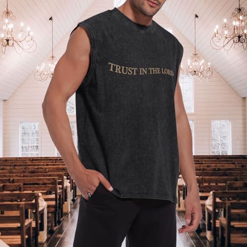 Mens Christian Tank Tops Trust in The Lord God Jesus Religious Faith Bible Verse Shirts Graphic Acid Wash Gym Tees - color: Black, size: XX-Large