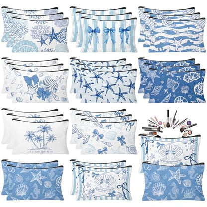 30 Pcs Coastal Makeup Bags Blue Bow Seashell Makeup Bag Ocean Themed Cosmetic Bags Bulk Portable Travel Toiletry Pouches Beach Gifs for Women Nautical Party Favors Beach Accessories - style: Ocean