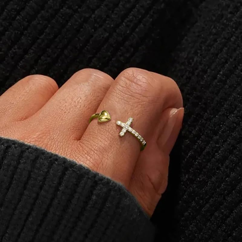 Cross Rings for Teen Girls Silver/Gold Heart Ring Cubic Zirconia Adjustable Ring Inspirational Pray Cross Heart Religious Christian Faith Jewelry Gifts for Her(Gold)9# - color: gold 9#