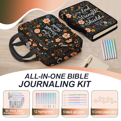 Floral Bible Cover for Women, Large Bible Bag Carrying Case with Shoulder Strap Bible Study Supplies Journaling Kit Book Carrying Case with Pens Highlighters Cross Clips Tabs Christian Gift - color: Black Floral
