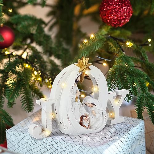 Soaoo Christmas Nativity Scene with LED String Lights Nativity Figure Set Holy Family Manger Christmas Decoration Light up Decor for Indoor Tabletop Mantle Fireplace(Joy)