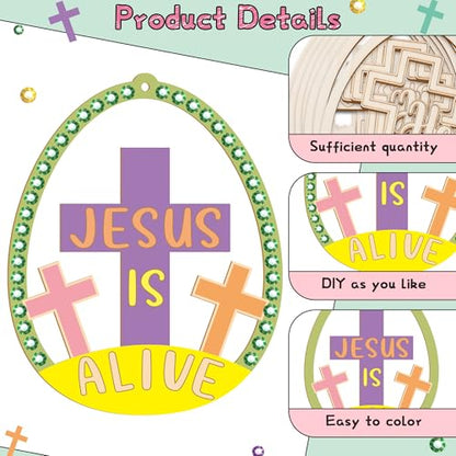 BeYumi Easter Wooden Ornament Craft - 20Pcs Jesus is Risen DIY Wooden Eggs Ornaments Craft Kit for Kids Make Your Own Christian Religious Easter Egg Set with Gem Sticker Party Decoration Supplies - style: Easter Egg