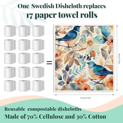 Bird Flower Swedish Dishcloths for Kitchen, Papaya Reusable Paper Towels, 4 Pack Watercolor Dish Cloths, Washable - color: Bird Flowers