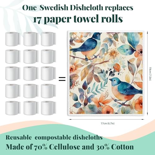 Bird Flower Swedish Dishcloths for Kitchen, Papaya Reusable Paper Towels, 4 Pack Watercolor Dish Cloths, Washable - color: Bird Flowers