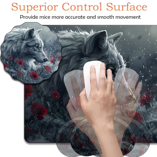 Mouse Pad 9.4"x7.9" + Wrist Support Pad + Embroidered Cup Pad Non-Slip Set, Ergonomic Mouse Wrist Support Pad, Suitable for Office/Gaming/Home Use, Wolf and Rose - color: Wolf and Rose