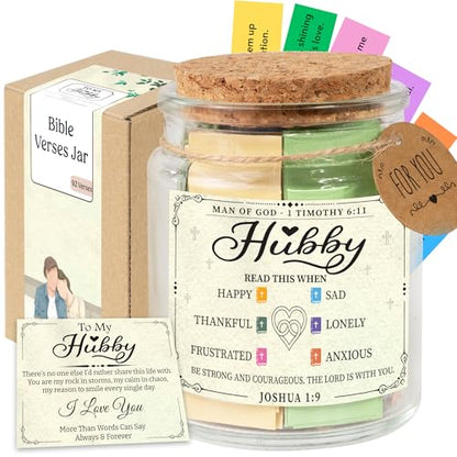 Hubby Bible Verse Jar – Father day Gifts for Husband, 92 Color-Coded Bible Verses “Read This When” | Christian gifts for men - color: Hubby Bible Verse Jar