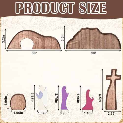 JarThenaAMCS Empty Tomb Easter Table Scene and Cross Decoration Wooden Jesus Nativity Scene He is Risen Centerpiece for Christian Party Home Tabletop Tray Decor, Set of 7 Pcs
