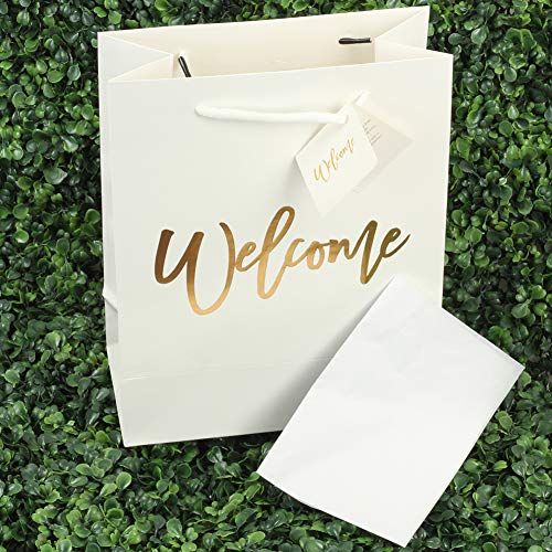 Andaz Press Large White Gold Foil Stamped Welcome Bags for Guests, Bulk Set of 25 Hotel Guests Gift Bags, Church, Destination Wedding, Includes White Tissue Paper and Wedding Welcome Bag Notes