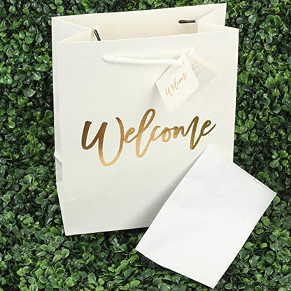 Andaz Press Large White Gold Foil Stamped Welcome Bags for Guests, Bulk Set of 25 Hotel Guests Gift Bags, Church, Destination Wedding, Includes White Tissue Paper and Wedding Welcome Bag Notes