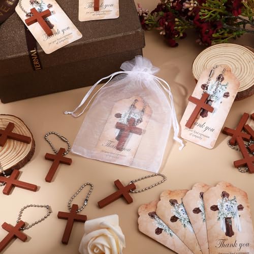 100 Sets Funeral Favors Wooden Cross Angel Keychain, Memorial Decorations for Celebration of Life Thank You Cards Organza Bags for Guest Baptism Religious Communion Family Friends Christian Gifts - style: Card 1
