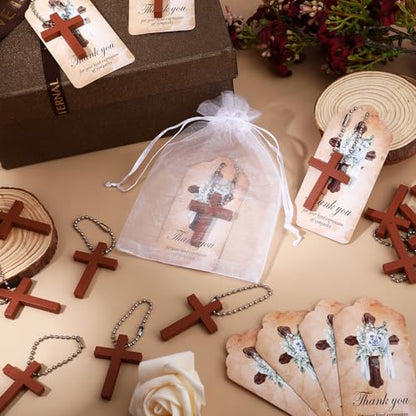 100 Sets Funeral Favors Wooden Cross Angel Keychain, Memorial Decorations for Celebration of Life Thank You Cards Organza Bags for Guest Baptism Religious Communion Family Friends Christian Gifts - style: Card 1