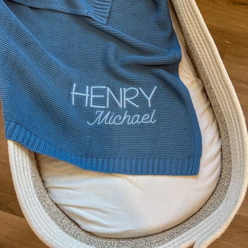 Custom Baby Blanket, Embroidered, Custom, 100% Cotton, Blue Baby Blanket, Receiving Blanket for Boys, Baby Boy Gifts, (Dusty Blue) - color: Dusty Blue