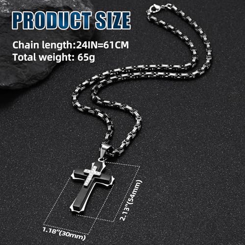 FLHEART Byzantine Cross Necklace for Men, Black Silver Stainless Steel Cross Chain Pendant Necklace Masculine Chunky Sturdy Mens Christian Jewelry Gift 22/24 Inch - color: Black-Cubic Zircon, size: 24In